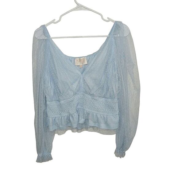 Audrey Parks Soft Blue Tulle Blouse Sheer Long Sleeve Crop V-Neck Size Large - Picture 5 of 10